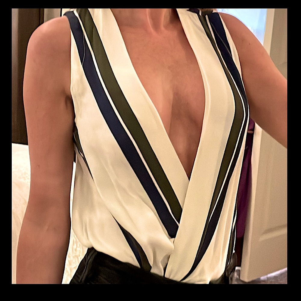 TOPSHOP - Sexy 🔥 White | Navy | Green Striped Blouse - XS - Office to Night